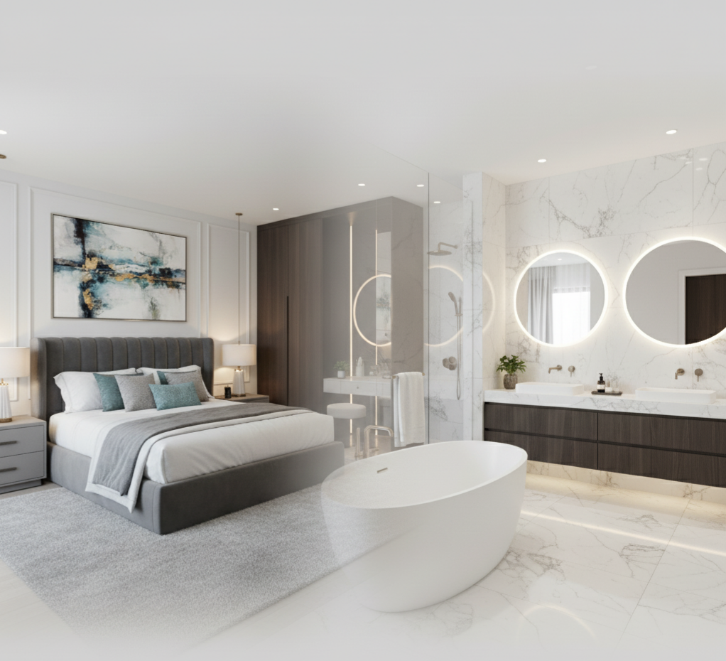 A luxurious bathroom with modern wall panels and vanity unit